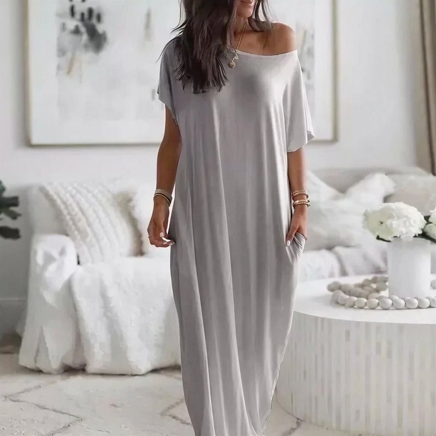 Vestido Maxi Daphne™ con Escote Amplio y Bolsillos Laterales
