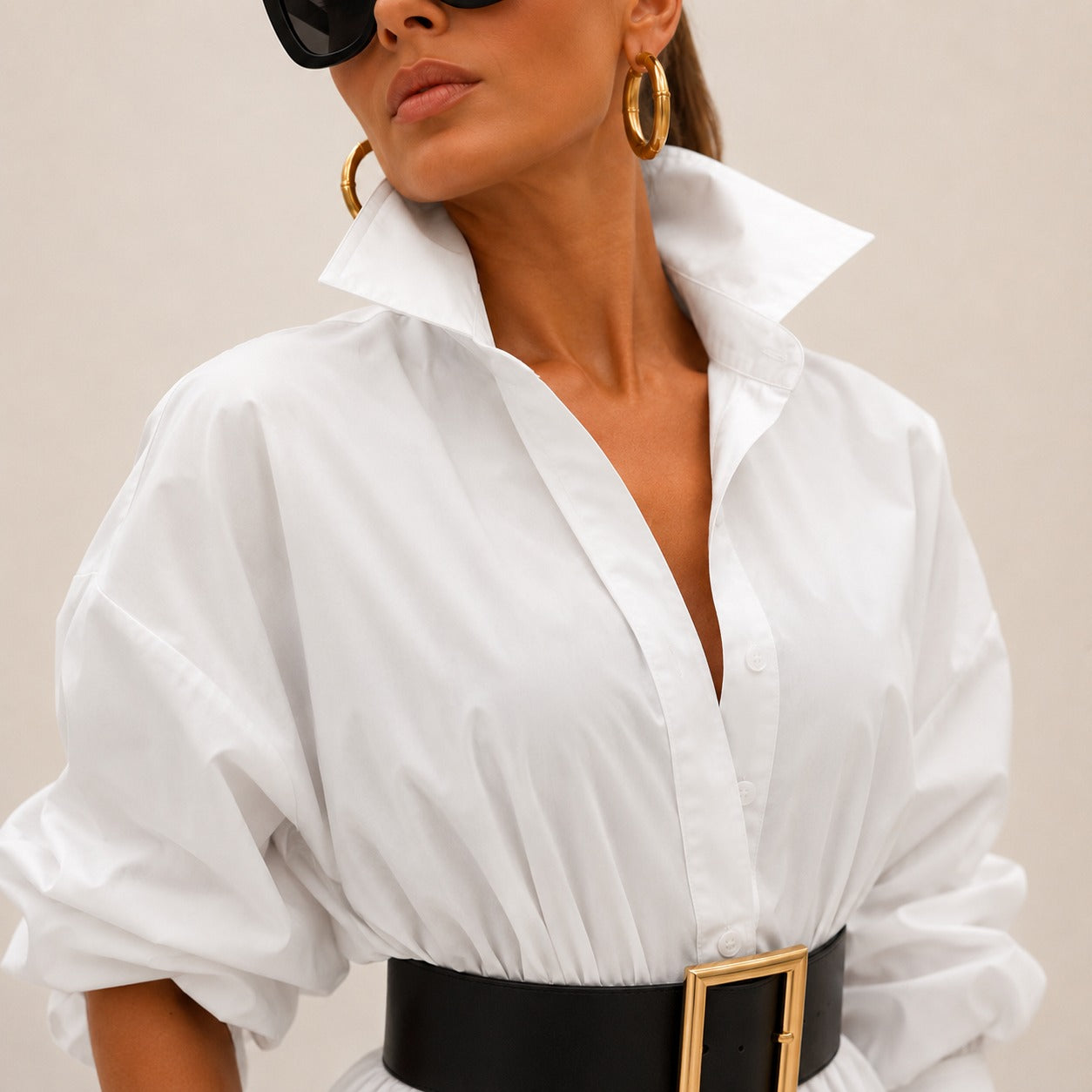 Vestido Midi Selene™ Con Cuello Camisero, Mangas Amplias y Caída Fluida