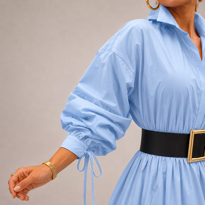 Vestido Midi Selene™ Con Cuello Camisero, Mangas Amplias y Caída Fluida