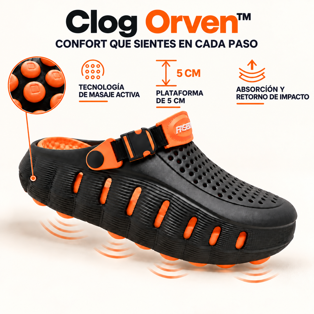 Clog Orven™ com Solado Massageador e Plataforma de 5cm com Retorno de Impacto