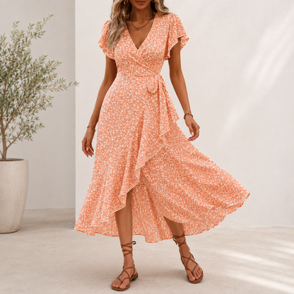 Vestido Midi Roselia™ Con Estampado Floral, Falda Cruzada de Corte Evasé y Escote en V