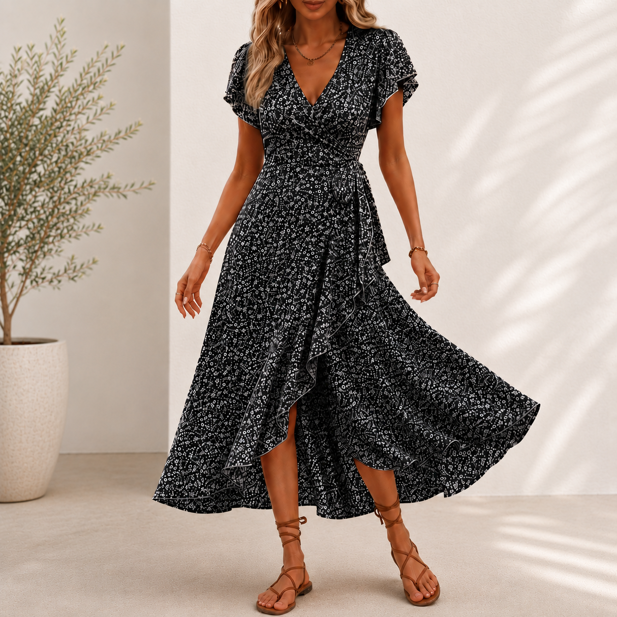 Vestido Midi Roselia™ Con Estampado Floral, Falda Cruzada de Corte Evasé y Escote en V