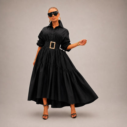Vestido Midi Selene™ Con Cuello Camisero, Mangas Amplias y Caída Fluida