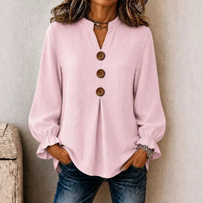 Blusa Dulce™ con Gola Mandarín, Puños con Volantes y Botones Frontales