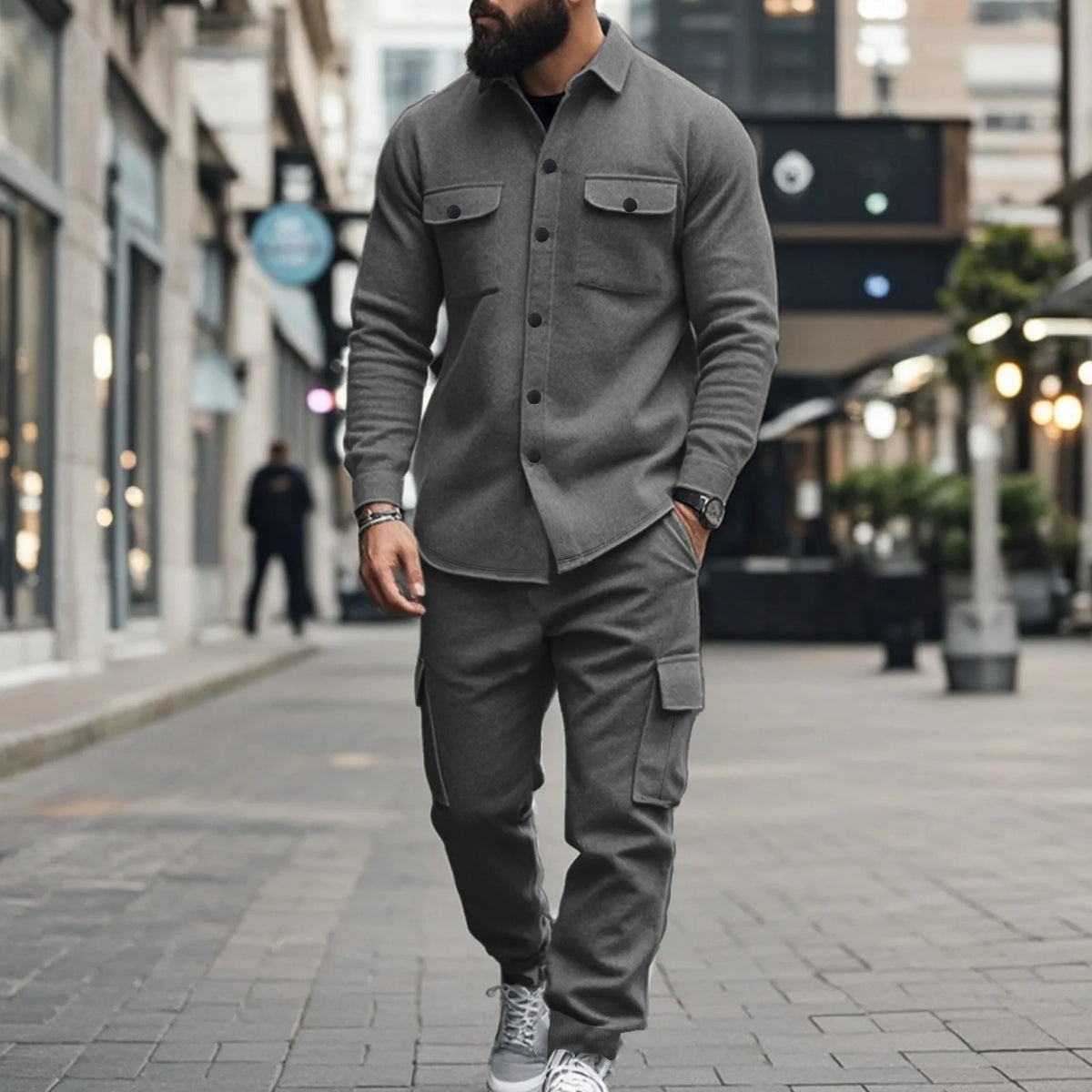 Conjunto Leandro™ de Felpa con Camisa de Manga Larga y Pantalón Cargo