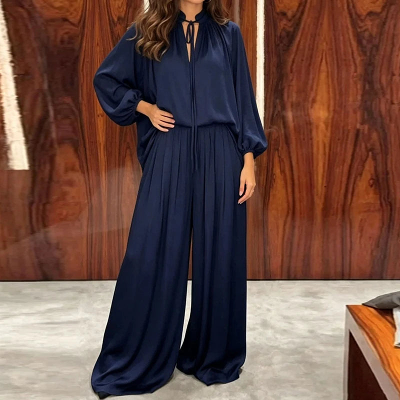 Conjunto Maristela™ con Blusa de Lazo Fluida y Pantalón de Pierna Ancha