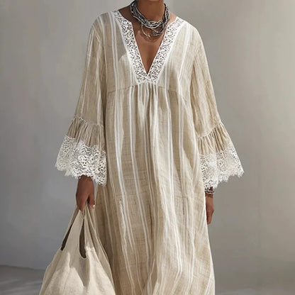 Vestido Lysandra™ con Rayas Verticales Delicadas y Encaje en Contraste