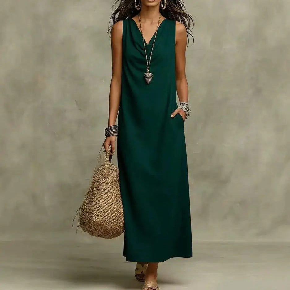 Vestido Largo Aveline™ con Escote Drapeado y Bolsillos Laterales