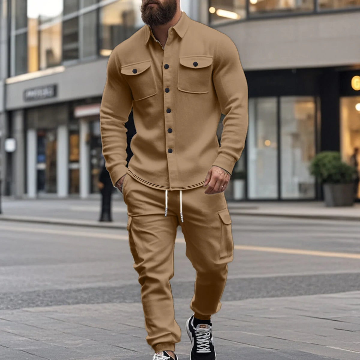 Conjunto Leandro™ de Felpa con Camisa de Manga Larga y Pantalón Cargo