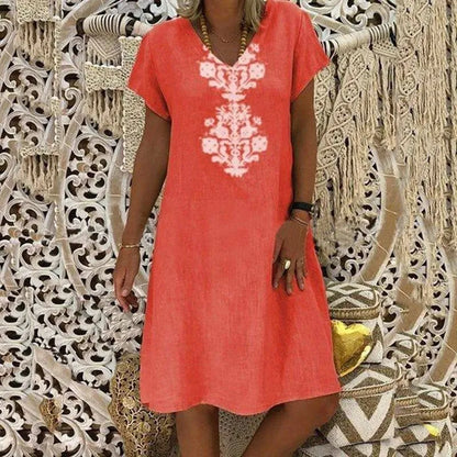 Vestido Midi Zarelle™ con Estampado Ornamental, Escote em V y Corte Amplio / Sofisticación Fresca Que Estiliza la Figura con Elegancia