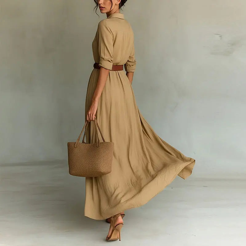 Vestido Marenza™ con Cuello Camisero, Cinturón Incluido y Silueta Larga