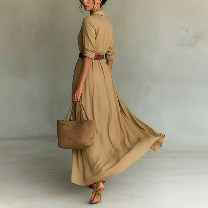 Vestido Marenza™ con Cuello Camisero, Cinturón Incluido y Silueta Larga