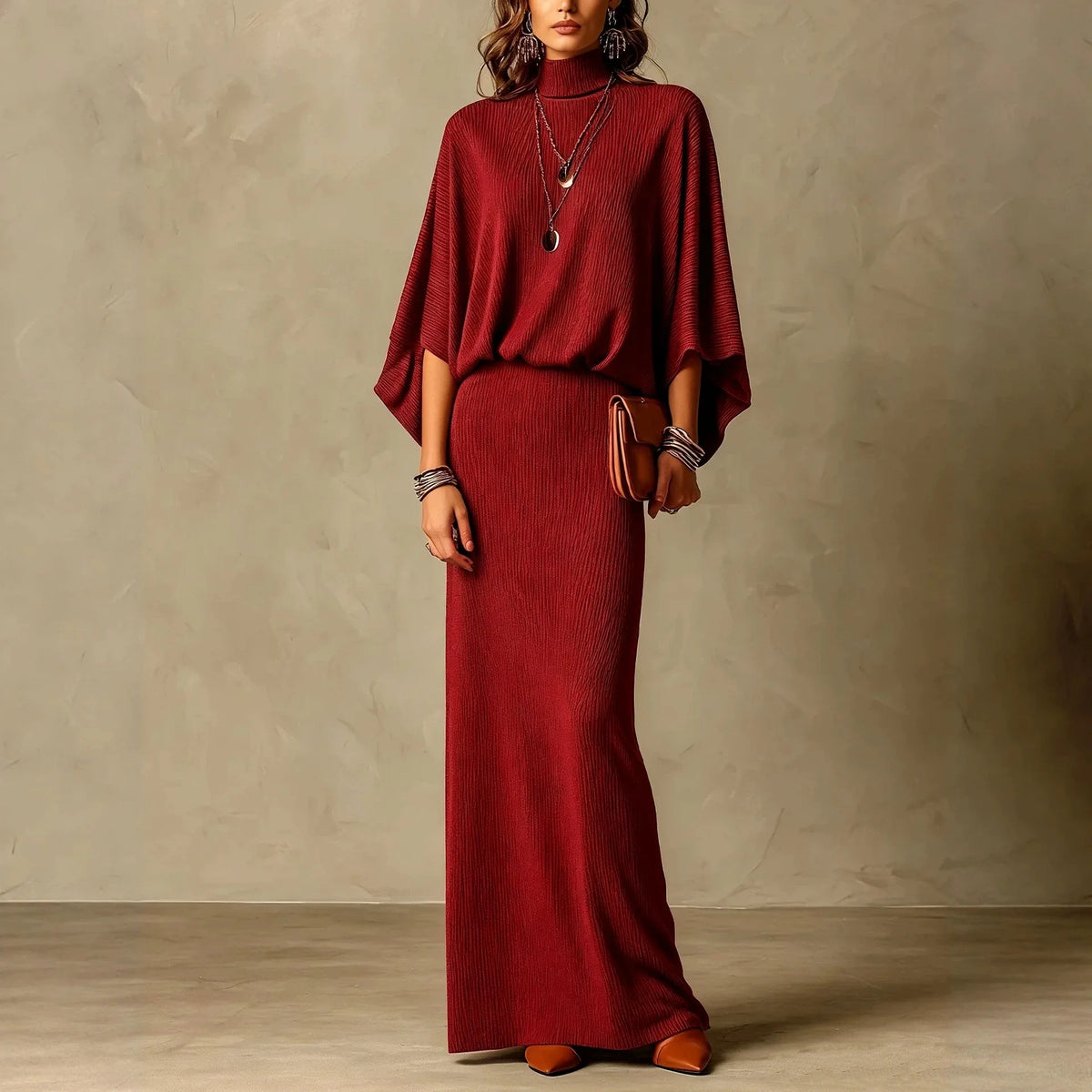 Conjunto Vicenza™ con Blusa de Cuello Alto y Falda Larga de Corte Recto
