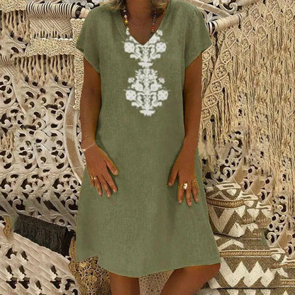 Vestido Midi Zarelle™ con Estampado Ornamental, Escote em V y Corte Amplio / Sofisticación Fresca Que Estiliza la Figura con Elegancia