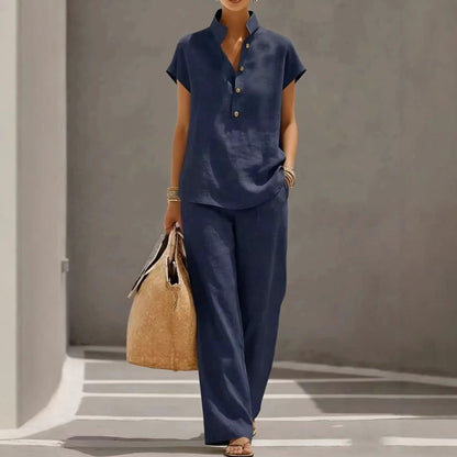Conjunto Marelisse™ De Lino de Algodón Con Blusa Suelta y Pantalón Palazzo Fluido