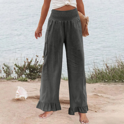 Pantalón Brisa™ con Cintura Alta Fruncida, Mezcla de Lino y Bajo con Volante