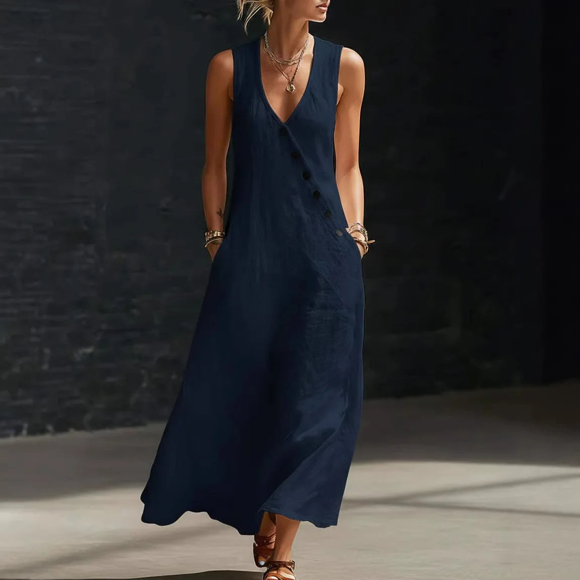 Vestido Midi Antonella™ con Botones Elegantes y Escote en V