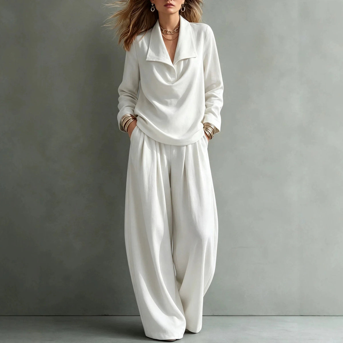 Conjunto Santorini™ con Blusa de Cuello Amplio y Pantalón de Caída Fluida