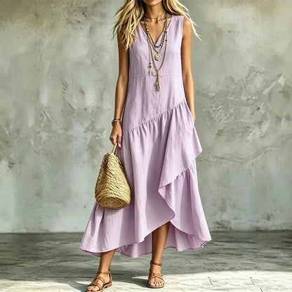 Vestido Liorah™ con Escote en V y Falda Asimétrica de Capas Fluidas