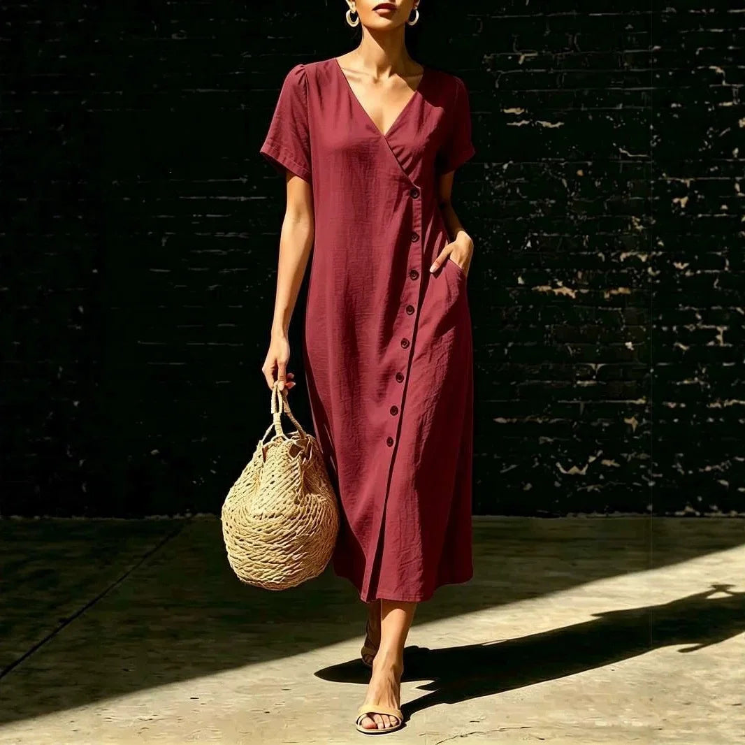 Vestido Midi Clarisa™ Con Escote En V Y Botones Elegantes