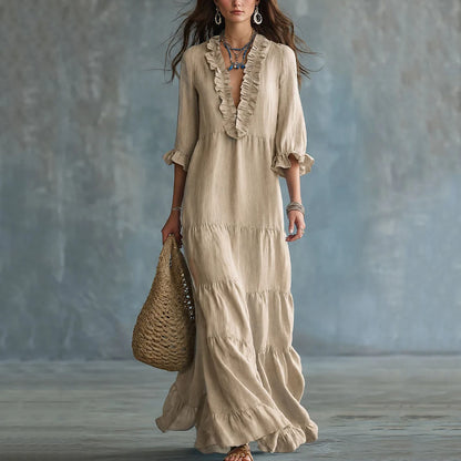 Vestido Elviana™ Largo con Escote en V con Volantes, Falda en Capas y Mangas 3/4