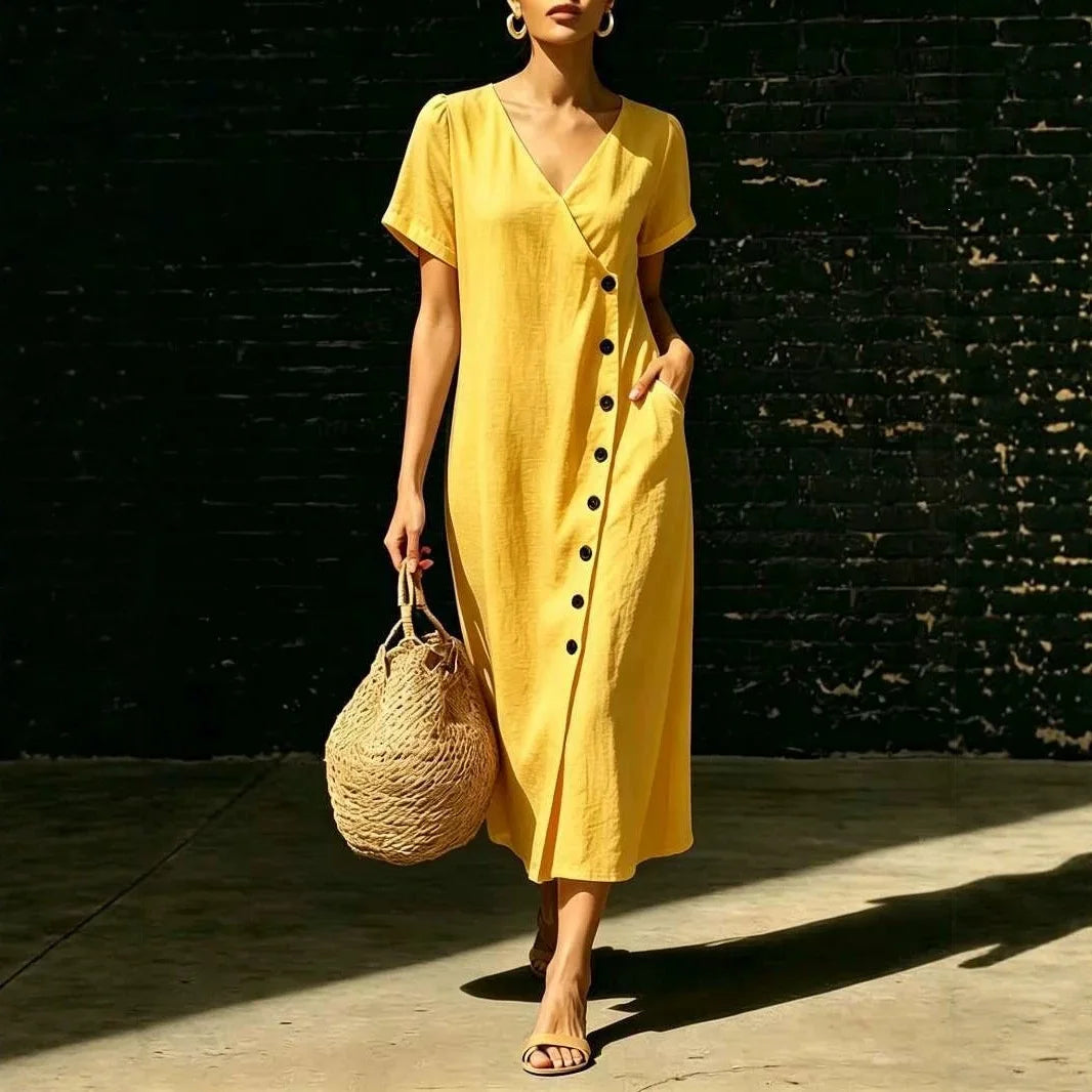 Vestido Midi Clarisa™ Con Escote En V Y Botones Elegantes