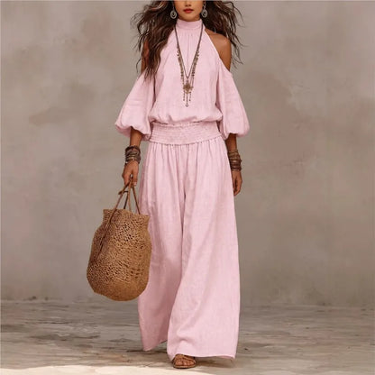 Conjunto Oceane™ con Blusa de Hombros Descubiertos y Pantalón Palazzo con Cintura Fruncida.