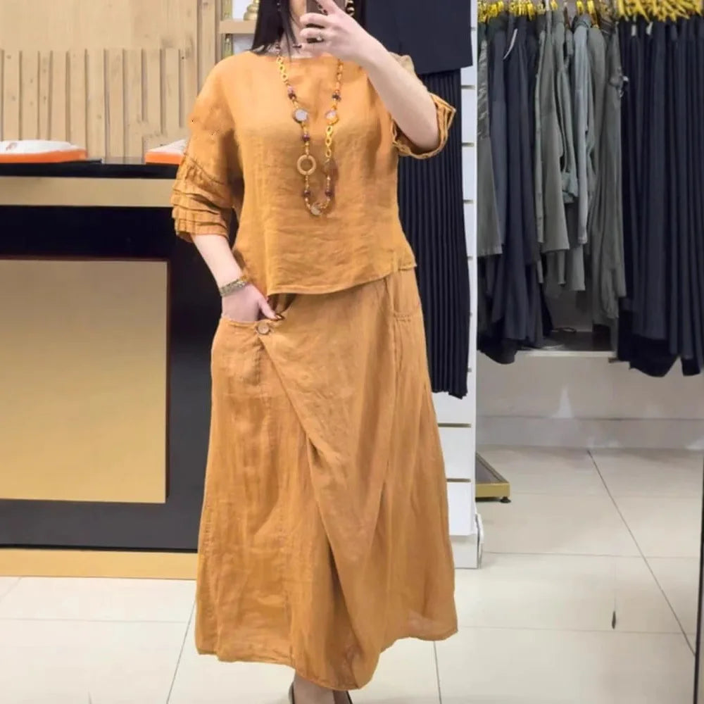 Conjunto Bellarive™ En Lino de Algodón Con Blusa Amplia y Falda Cruzada