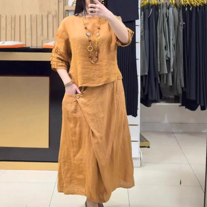 Conjunto Bellarive™ En Lino de Algodón Con Blusa Amplia y Falda Cruzada
