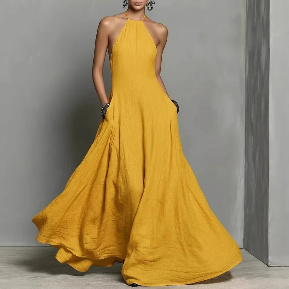 Vestido Serafine™ con Escote Halter, Espalda Descubierta y Caída Fluida.