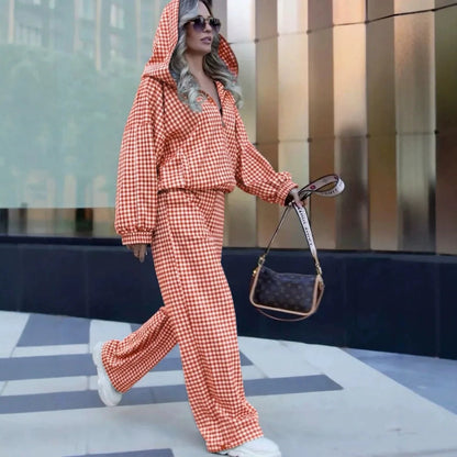 Conjunto Maddalena™ con Sudadera de Capucha Amplia, Pantalón de Pierna Ancha y Estampado a Cuadros Minimalista