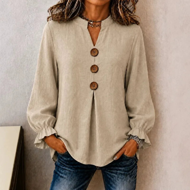 Blusa Dulce™ con Gola Mandarín, Puños con Volantes y Botones Frontales