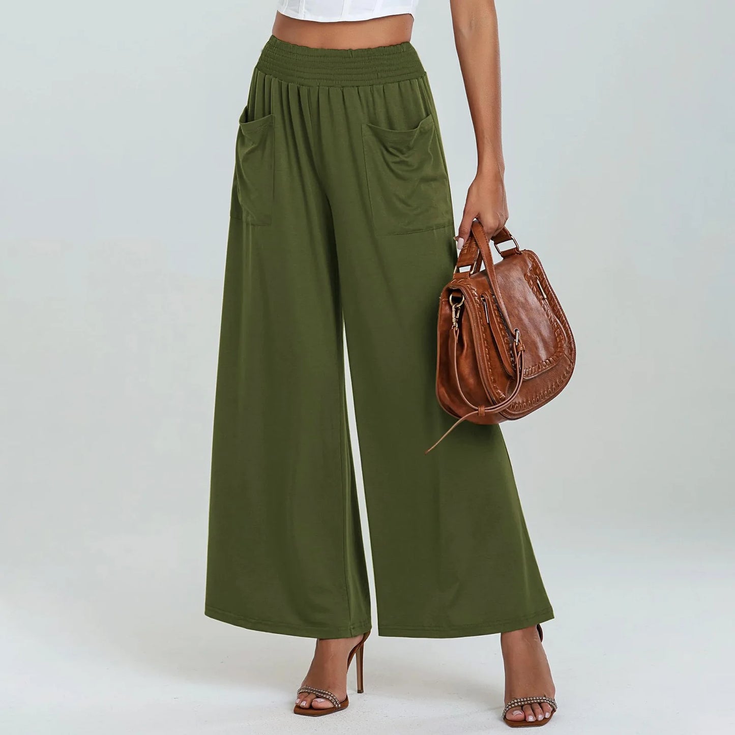 Pantalón Lissara™ De Cintura Alta Con Bolsillos Drapeados Y Corte Palazzo