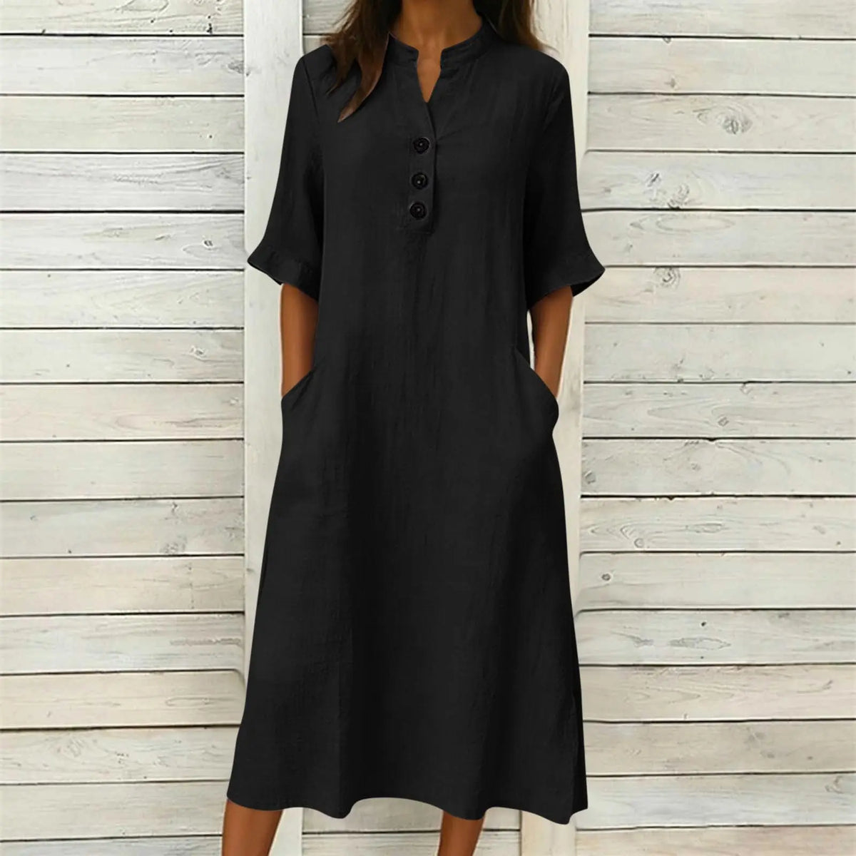 Vestido Regina™ con Cuello Mao, Botones y Bolsillos