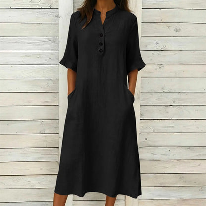 Vestido Regina™ con Cuello Mao, Botones y Bolsillos