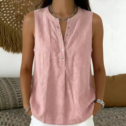 Blusa Laura™ con Botones Frontales, Cuello Redondo y Diseño Sin Mangas