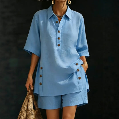 Conjunto Velena™ Con Blusa De Botones Frontales Y Pantalón Corto De Corte Holgado