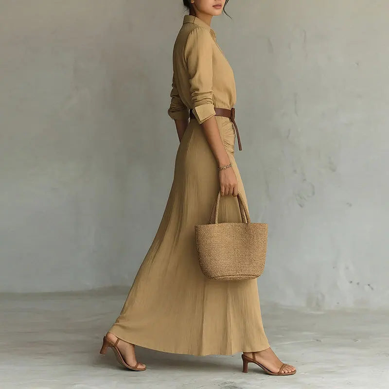Vestido Marenza™ con Cuello Camisero, Cinturón Incluido y Silueta Larga
