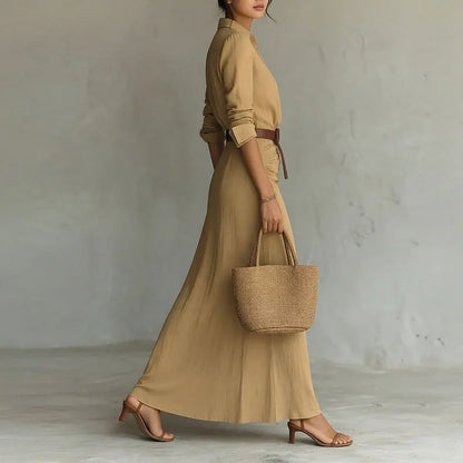 Vestido Marenza™ con Cuello Camisero, Cinturón Incluido y Silueta Larga