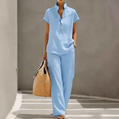 Conjunto Marelisse™ De Lino de Algodón Con Blusa Suelta y Pantalón Palazzo Fluido
