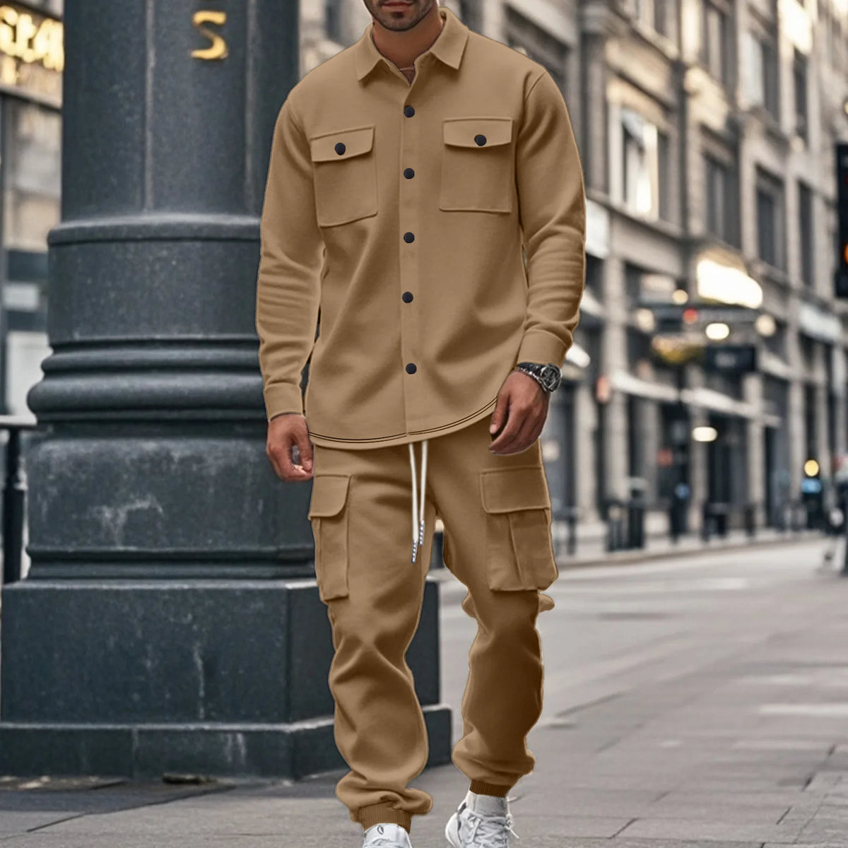 Conjunto Leandro™ de Felpa con Camisa de Manga Larga y Pantalón Cargo