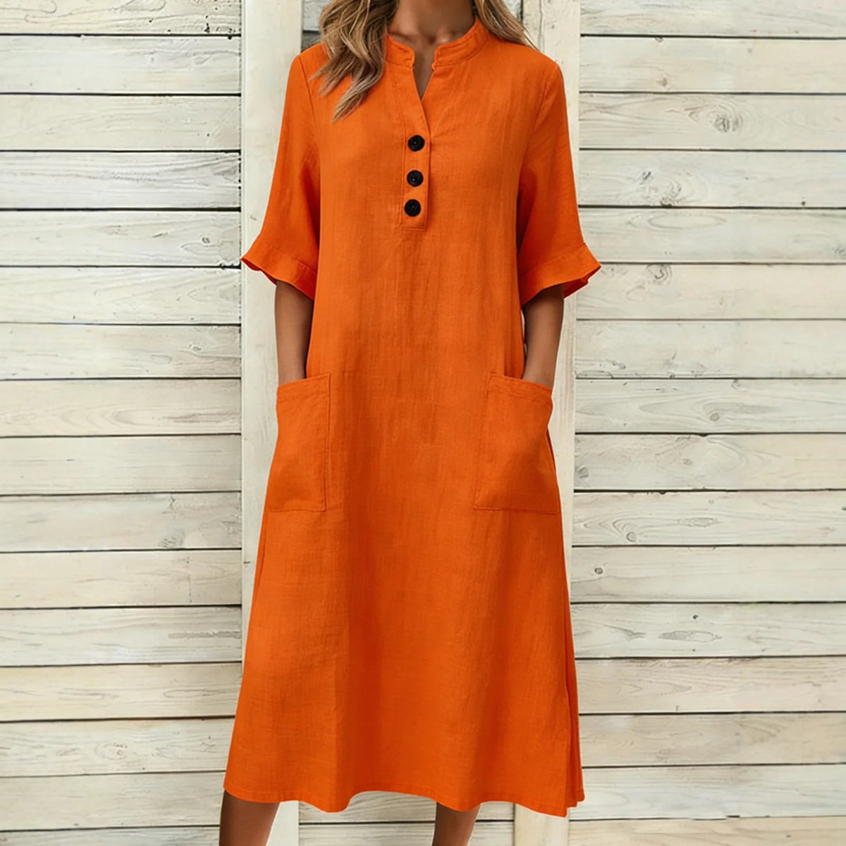 Vestido Regina™ con Cuello Mao, Botones y Bolsillos