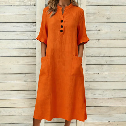 Vestido Regina™ con Cuello Mao, Botones y Bolsillos