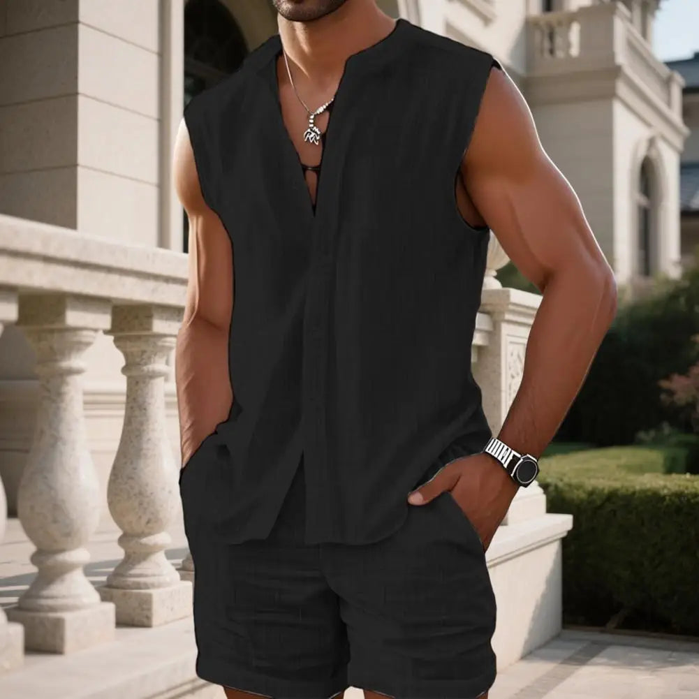 Conjunto Levano™ De Lino Y Algodón Con Camisa Sin Mangas Y Short De Caída Ligera