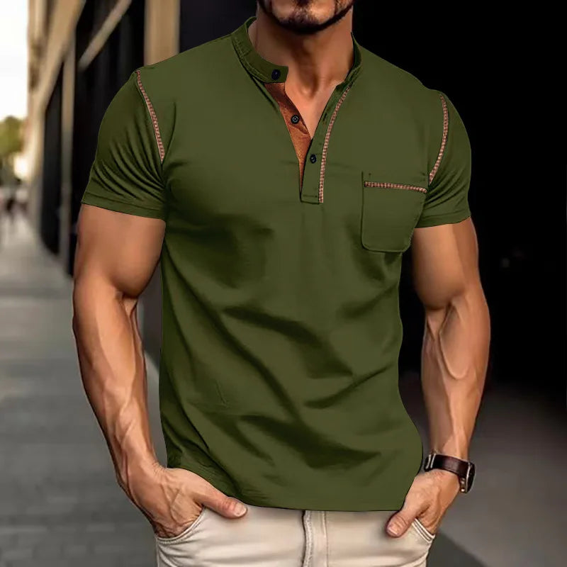 Camiseta Casual Tavren™ con Cuello Mao y Acabado en Contraste
