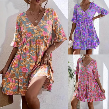 Vestido Amarisa™ con Estampado Floral, Mangas 3/4 y Fruncido Bajo el Busto