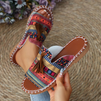 Sandalia Marivelle™ Con Estampado Étnico y Flecos Decorativos
