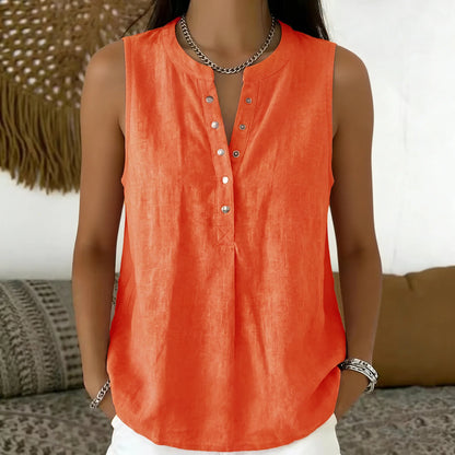 Blusa Laura™ con Botones Frontales, Cuello Redondo y Diseño Sin Mangas