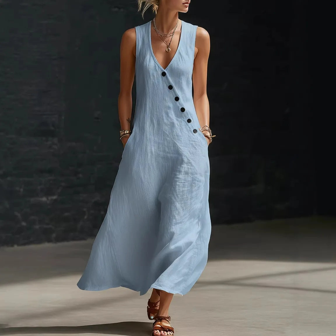 Vestido Midi Antonella™ con Botones Elegantes y Escote en V