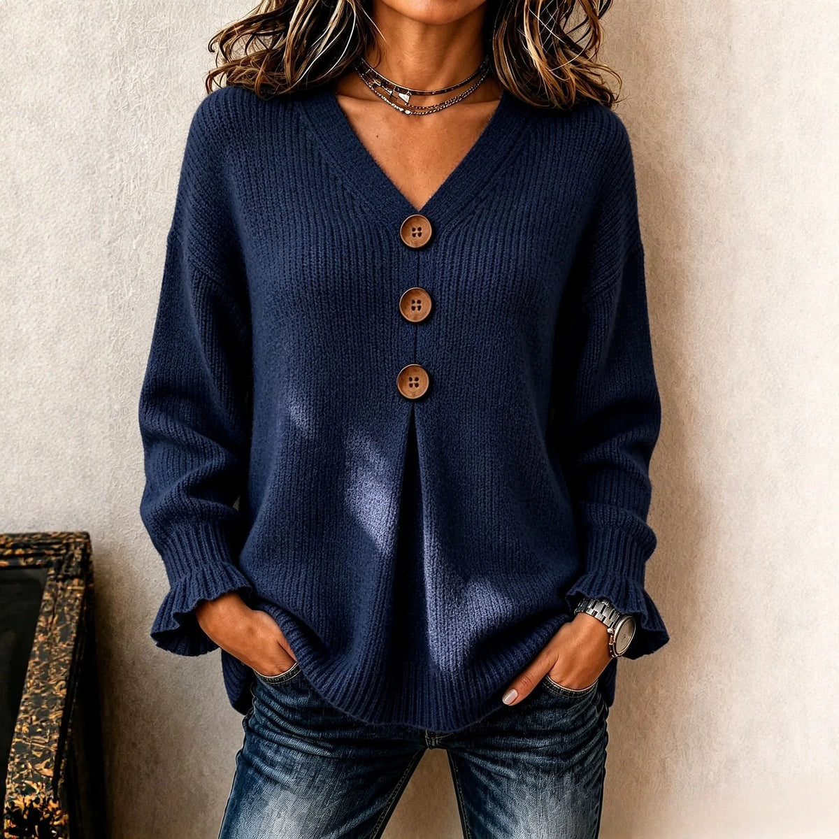 Blusa Ines™ Botones Frontales, Escote V y Puños Acanalados